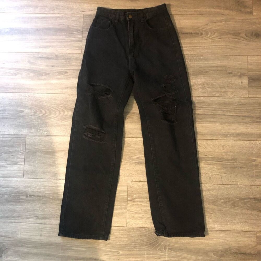 womens black destroyed ripped jeans wide leg boyfriend jeans size medium 6‎